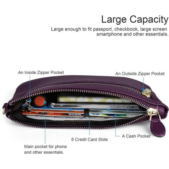 Women's Genuine Italian Leather Wristlet Clutch Wallet Purse, Gold Zipper - Picture 5 of 6